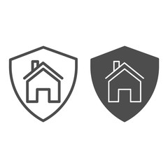 Poster - House in secure shield line and solid icon, self isolation concept, home protection sign on white background, building in safety symbol icon in outline style for mobile, web design. Vector graphics.