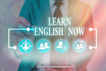 Poster - Word writing text Learn English Now. Business photo showcasing gain or acquire knowledge and skill of english language