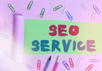 Poster - Writing note showing Seo Service. Business concept for techniques and procedures to increase the website visibility