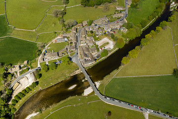 Aerial view of Burnsall, Wharfedale, Yorkshire Dales National Park, North Yorkshire, England, Britain,