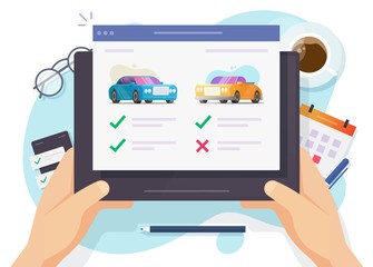 Poster - Vehicle auto rental comparing and choosing features online shop website or auto and car web digital auction with automobiles review and history details, concept of buying or selling internet store