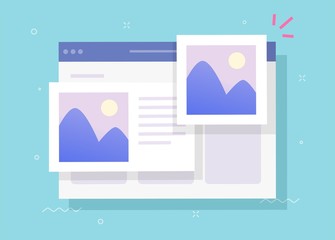 Aufkleber - Photo album online with digital picture gallery watching on website and text comments or internet electronic photography images web files vector flat cartoon illustration
