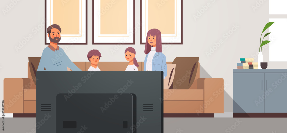 family watching TV daily news program parents with children sitting on couch modern living room interior horizontal vector illustration - obrazy, fototapety, plakaty 