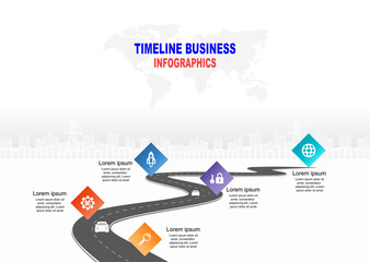 Leinwandbilder - Vector template infographic Timeline of business operations with flags and placeholders on curved roads. Symbols, steps for successful business planning Suitable for advertising and presentations.