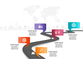 Leinwandbilder - Vector template infographic Timeline of business operations with flags and placeholders on curved roads. Symbols, steps for successful business planning Suitable for advertising and presentations.