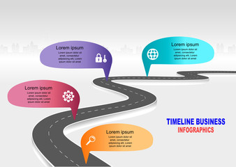Leinwandbilder - Vector template infographic Timeline of business operations with flags and placeholders on curved roads. Symbols, steps for successful business planning Suitable for advertising and presentations.