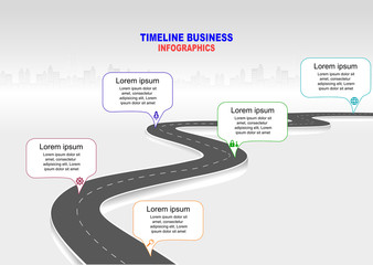 Leinwandbilder - Vector template infographic Timeline of business operations with flags and placeholders on curved roads. Symbols, steps for successful business planning Suitable for advertising and presentations.
