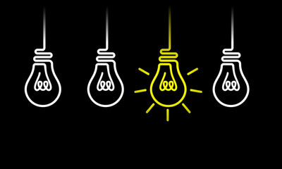 Set of hanging light bulbs from the ceiling with one glowing. Flat vector light bulb icons with concept of idea