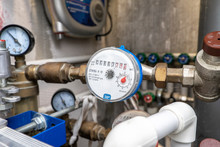 Turn Off Hot Water. Plumbing Cabinet. Water Meters, Collector, Water Pressure Sensor