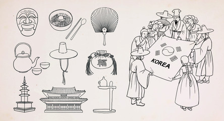 Set of Korean traditional objects. People wearing Korean traditional clothes(Hanbok). Vector illustration. 