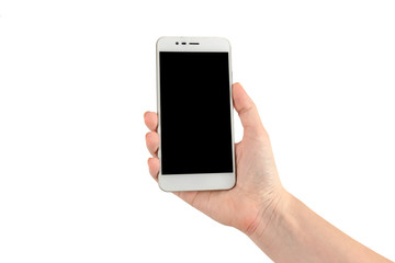 Wall Mural - woman hand holding phone isolated mockup on white background. female arm with a smartphone template 