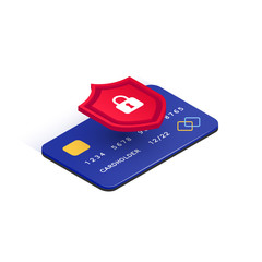 E-payment protection concept. Credit card online security isometric icon. Secure transaction. 3d plastic card and shield with lock isolated on white background. Internet safety. Vector illustration