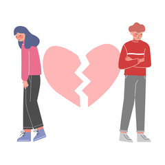 Sticker - Sad Young Man and Woman with Broken Heart, Breakup, Divorce, Unrequited Love Vector Illustration