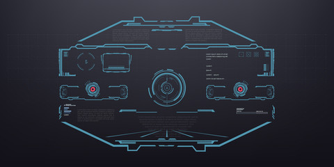 HUD, GUI Modern target auto-guidance system. Tilt scope sight in futuristic virtual display design. Target screen for video games. Techno target. Vector