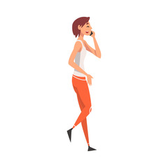 Sticker - Girl Talking on Mobile Phone While Walking, Young Woman Using Digital Gadget Vector Illustration