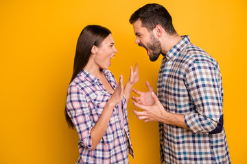 Poster - Profile photo furious lady guy couple girlfriend boyfriend yell each other scandal can't stay home together longer wear casual plaid shirts jeans isolated yellow color background