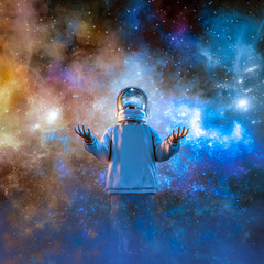 Wall Mural - galaxy of dreams / 3d illustration of teen age boy fantasising about space travel wearing astronaut 