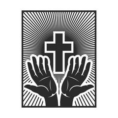 Hands with shining holy cross. Design element for logo, label, emblem, sign, badge. Vector illustration