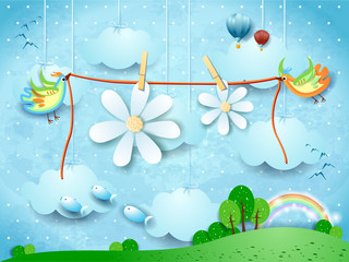 Sticker - Surreal landscape with flying birds and hanging flowers