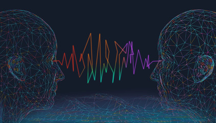 Wall Mural - stylized human heads composed of mesh, concept of ai and data transfer. 3d render / rendering