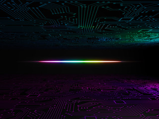 Poster - digital technology background with motherboard or circuit boards in magenta and green. 3d render / r