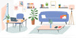 Interior of the living room. Vector banner. Design of a cozy room with sofa, window, decor accessories and work desk. Flat style vector illustration