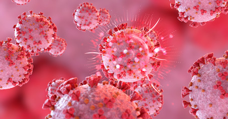 Poster - Microscopic close-up of the covid-19 disease. Coronavirus illness spreading in body cell. 2019-nCoV analysis on microscope level 3D rendering