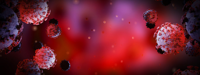 Poster - Microscopic close-up of the covid-19 disease. Coronavirus illness spreading in body cell. 2019-nCoV analysis on microscope level 3D rendering