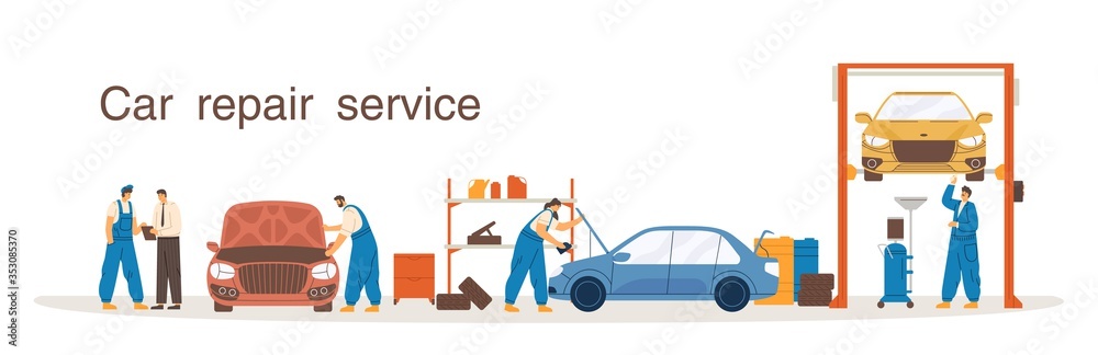 Professional mechanic in overalls working at car repair service vector flat illustration. Colorful man and woman at process diagnostic, lift, change of machine oil isolated on white background - obrazy, fototapety, plakaty 