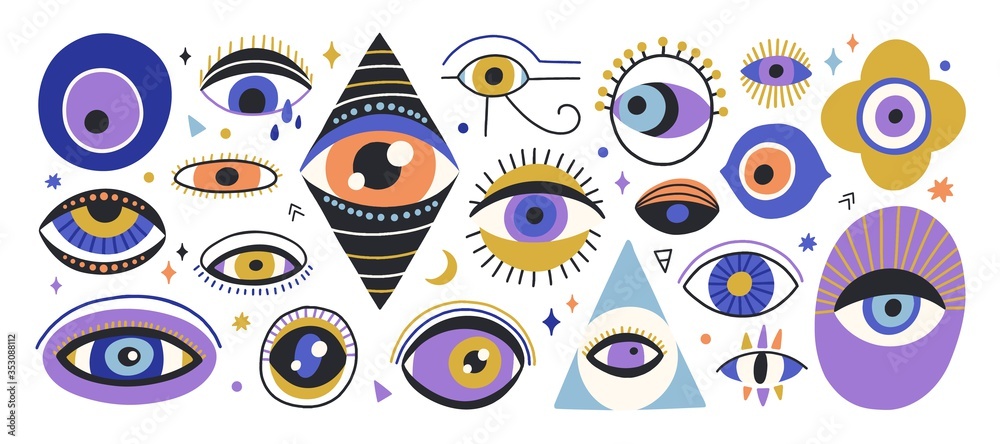 Set of various hand drawn doodle eyes vector flat illustration. Collection of evil, ra, turkish, greek and esoteric eye different shapes isolated on white background. Colorful clairvoyance elements - obrazy, fototapety, plakaty 