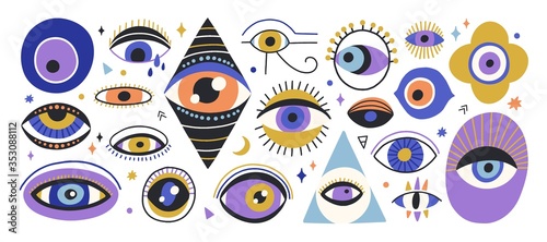 Cuadros en Lienzo Set of various hand drawn doodle eyes vector flat illustration