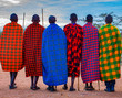 Group of Maasai tribesmen from East Africa with spears and colourful traditional shuka cloth dress (African blanket) looking away from the camera.