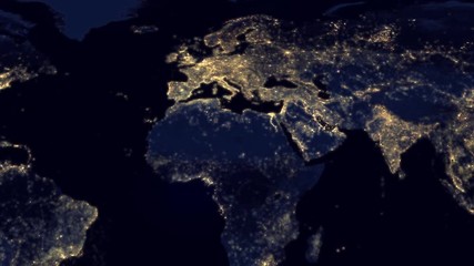 Earth map at night showing city lights. Focus on Europe. Global electricity network.
