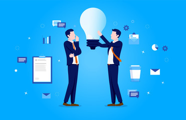 Fototapete - Idea and planning work - Two productive businessmen thinking and working on business strategy. Big ideas, entrepreneurship and creativity concept. Vector illustration.