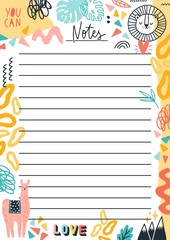 Poster - Colorful doodle template for notes vector flat illustration. Hand drawn planner with place for text and motivational phrases. List of tasks, organizer or event reminder decorated by design elements