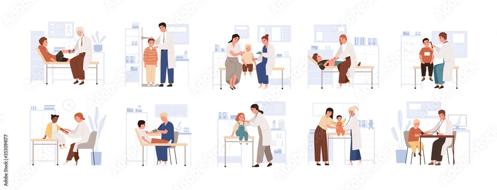 Set of cute child visit doctor vector flat illustration. Collection of various kids and parents at physician consultation isolated on white. Friendly medical staff work with diverse boy and girl - obrazy, fototapety, plakaty 