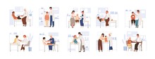 Set Of Cute Child Visit Doctor Vector Flat Illustration. Collection Of Various Kids And Parents At Physician Consultation Isolated On White. Friendly Medical Staff Work With Diverse Boy And Girl