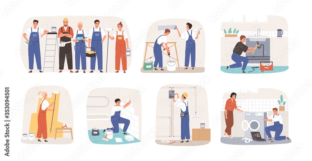 Set of various smiling home masters and repairmans vector flat illustration. Collection of different plumber, painter, plasterer, tiler and electrician isolated on white. Man and woman repairers - obrazy, fototapety, plakaty 