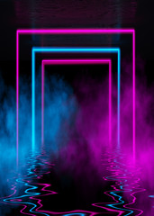 dark abstract background. reflection of neon figures on the water, smoke, fog. 3d illustration