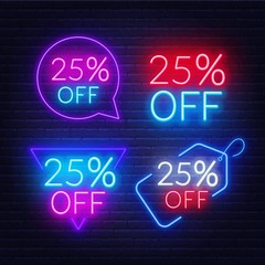 Wall Mural - 25 percent off set of neon signs on a dark background. Discount for sale promotion.