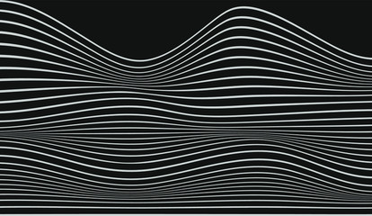 Poster - Abstract rippled or white lines pattern with wavy vibrant facture on dark background and texture. Vector illustration EPS 10. Modern graphic design. Trends 2020. Wallpaper for desktop. Background.