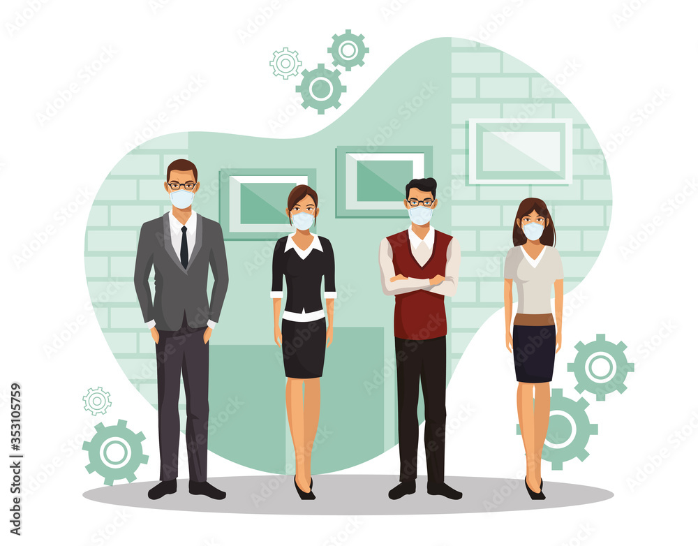 business people working and wearing medical masks - obrazy, fototapety, plakaty 