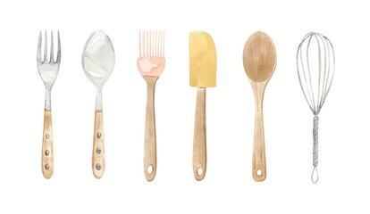 baking equipment illustration - wooden and metal spoon, fork, spatula, whisk, brush