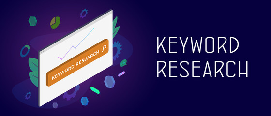 Fototapete - SEO Keyword Research concept. Research and analysis popular search terms with engine optimization. Browser window with search bar and chart icons. Header and footer banner template with text.