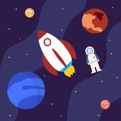 rocket with astronaut and planets in outer space illustration cartoon style and flat color launch to