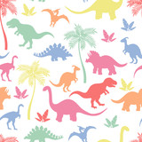 Fototapeta Dinusie - Seamless pattern with multicolored dinosaur silhouettes