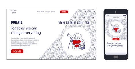 mobile and website template for charity education and donate online. vector doodle concept illustrat