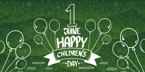 international childrens day cartoon doodle style green horizontal banner background. happy Children day greeting cad, icon or label. Cartoon kids day poster. Children day hand drawn banner design