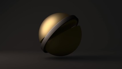 Poster - 3D animation of a Golden ball with a cut in a dark Studio. The silver ring above the sphere rotates mutually. Seamless animation. 4K abstraction, minimalistic design.