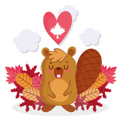 Wall Mural - Beaver with maple leaf heart of happy canada day vector design